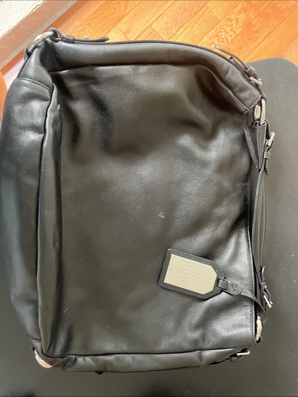 Ralph Lauren  Black Leather Messenger with Silver Hardware and ID Tag